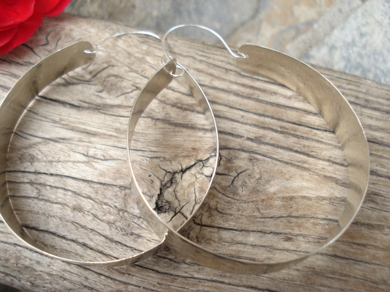 Hammered Silver Big Hoop Earrings Contemporary Unique Handcrafted Hoops Modern Minimalist Sterling Silver Metalwork Large Hoop Earrings image 6