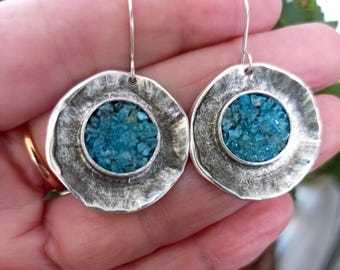 Silver and Apatite Disk Earrings Hammered Oxidized Silver Blue Stones Earrings Modern Statement Earrings