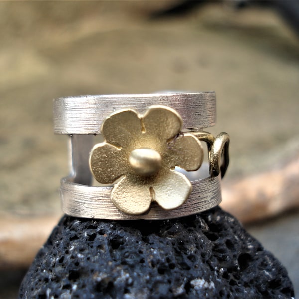 Mixed Metal Ring Hammered Silver and Bronze Cuff Ring Unique Modern Statement Adjustable Keeper Ring Soldered Flower Contemporary Band Ring