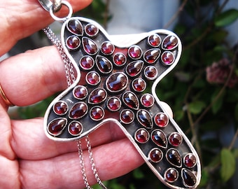 Large Natural Garnet Cross Huge Gemstones Cross Pendant Garnet Cross Necklace set in 925 Sterling Silver Chain Unique Vintage Garnet Cross