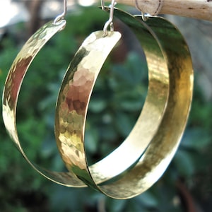 Hammered Brass Big Hoop Earrings Contemporary Handcrafted Hoops Modern Minimalist Brass Metalwork Hoop Earrings Unique Large Hoops