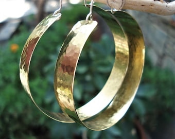 Hammered Brass Big Hoop Earrings Contemporary Handcrafted Hoops Modern Minimalist Brass Metalwork Hoop Earrings Unique Large Hoops