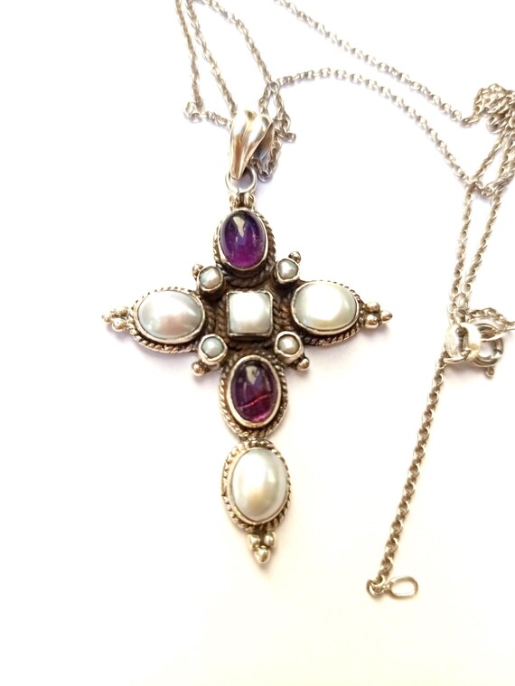 Pendentif Croix Antique En Argent 800 Avec Améthyste Et Perles Grains - Occasion