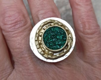 Mixed Metal Ring Hammered Silver and Bronze with Raw Malachite Stones Flower Ring Unique Modern Statement Adjustable Ring Soldered Big Ring