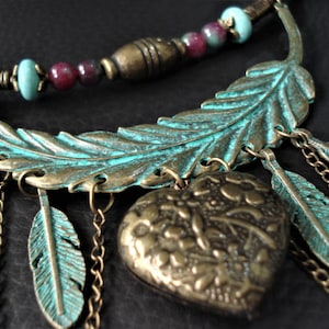 Tribal Statement Necklace Ruby Agates Turquoise Howlite Verdigris Bronze Leaf and Heart Necklace Unique Artisan Red Turquoise Charm Necklace