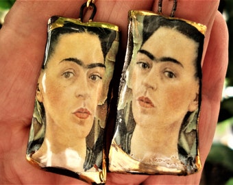 Frida Kahlo Inspired Earrings Porcelain Handcrafted Earrings Ceramic Artistic Gold Earrings Romantic Unique Earrings Vintage Decals