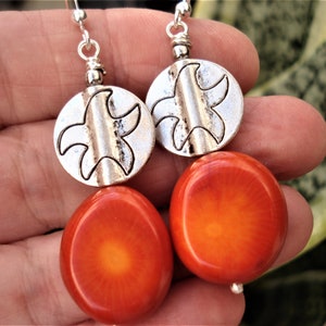 Red Coral Earrings Sterling Silver and Coral Earrings Modern Statement Earrings Boho Artisan Earrings Tribal Coral Oxidized Silver Earrings