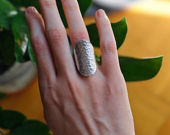 Hammered Silver Cuff Ring Unique Modern Statement Ring Adjustable Band Ring Big Oval Ring Wide Band Ring Sterling Silver Plated Ring