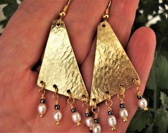 Hammered Bronze Triangle Earrings Pearls and Bronze Earrings Unique Modern Earrings Chandelier Earrings Handcrafted Geometric Earrings