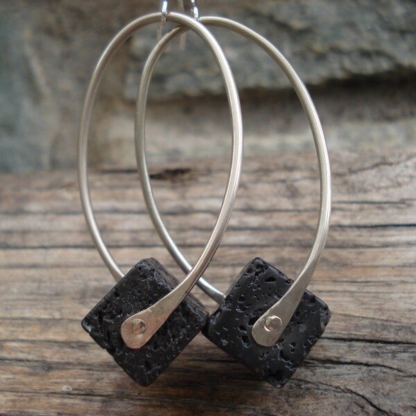 Santorini Black Lava Cube Hoop Earrings  Hammered Silver  Riveted Hoops Modern Cold Connection Stone and Sterling Silver Hoop Earrings