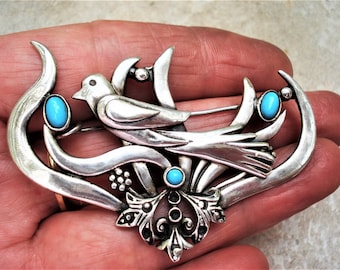 Vintage 950 Sterling Silver Brooch Dove Carved Oxidized Brooch Turquoise Stones Floral Handcrafted Pin Unique Symbol of Peace Large Brooch.