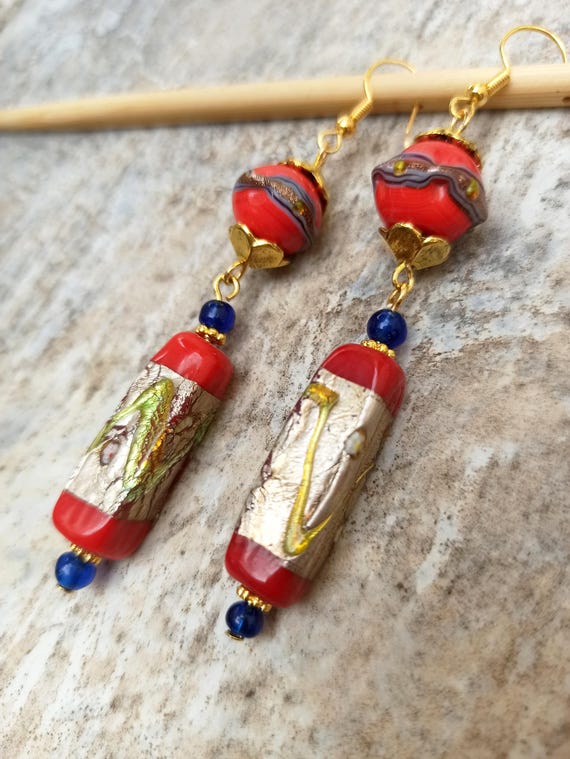 Red Millefiori Murano Earrings, Klimt Style Venetian Glass