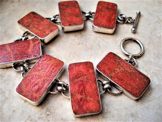 Coral Bracelet Vintage 80s Sterling Silver Bracelet Bezels Link