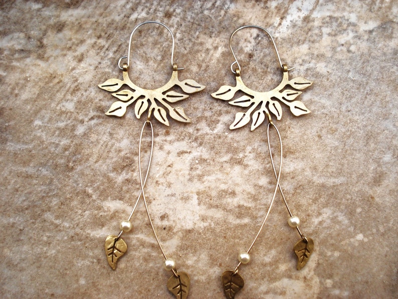 Long Leaf Hoop Earrings Bronze Leaves Earrings Pearls Leaf Very Long Earrings Wedding Hoop Earrings Unique Bridal Hoop Floral Earrings image 3