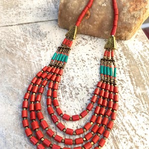 Tibetan Red Blue Necklace Five Strands Statement Necklace Tribal Red Blue Brass Necklace Ethnic Nepalese Red Blue Glass Woman Necklace