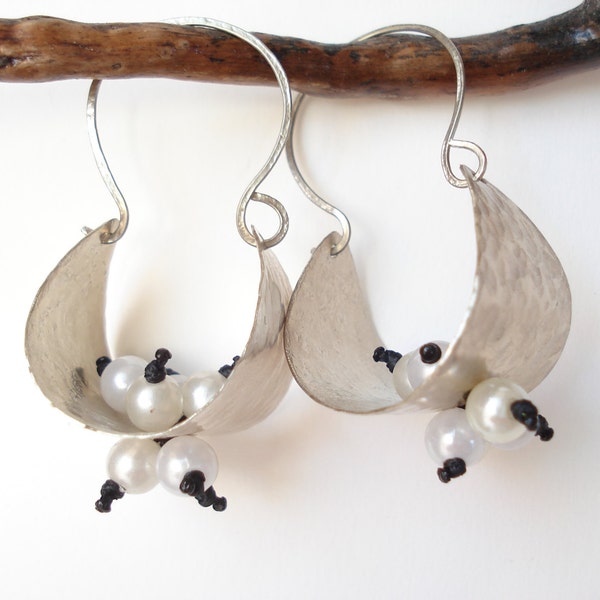 Hammered Silver Pearl Hoop Basket Earrings Modern Handmade Silver Hoops Basket Earrings Contemporary Silver and Pearls Earrings