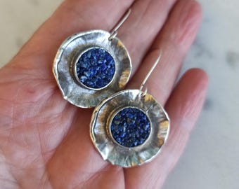 Hammered Oxidized Sterling Silver Lapis Lazuli Disk Earrings – Modern Statement Jewelry