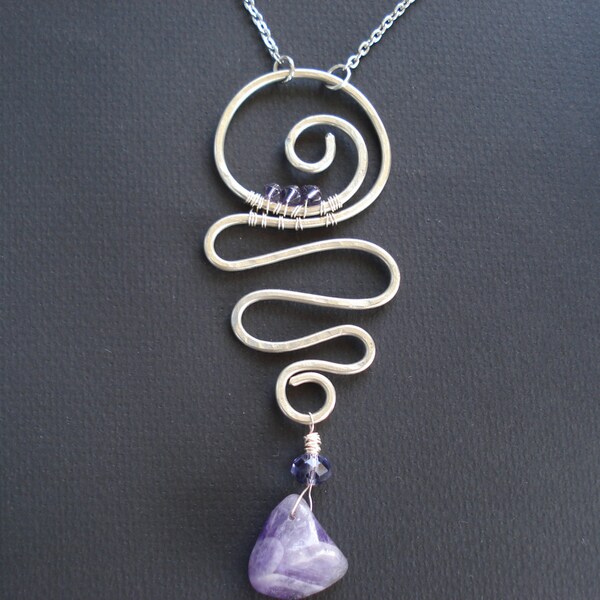 RESERVED FOR FRANCA-Please don't buy-Handmade necklace - Wire Wrapped German Silver Pendant-Amethyst Beads - Hand Hammered Pendant