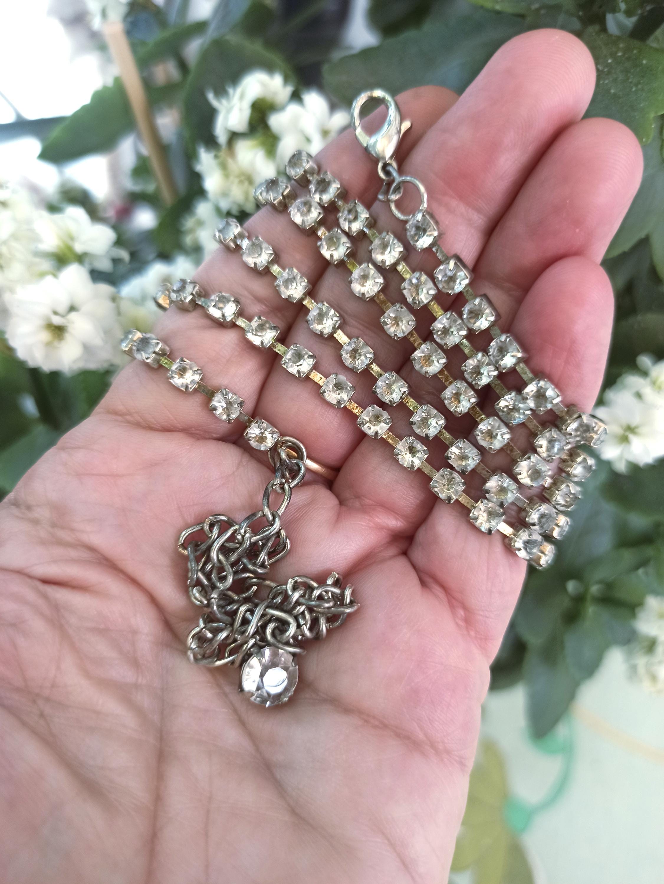 Vintage Rhinestone Chain Belt or Necklace, Silver Tone Metal, 80s Style