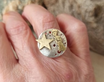 Little Prince and Star Ring Hammered Silver Bronze Mixed Metal Ring Soldered Unique Modern Le petite prince Adjustable Celestial Ring