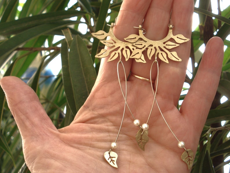 Long Leaf Hoop Earrings Bronze Leaves Earrings Pearls Leaf Very Long Earrings Wedding Hoop Earrings Unique Bridal Hoop Floral Earrings image 9