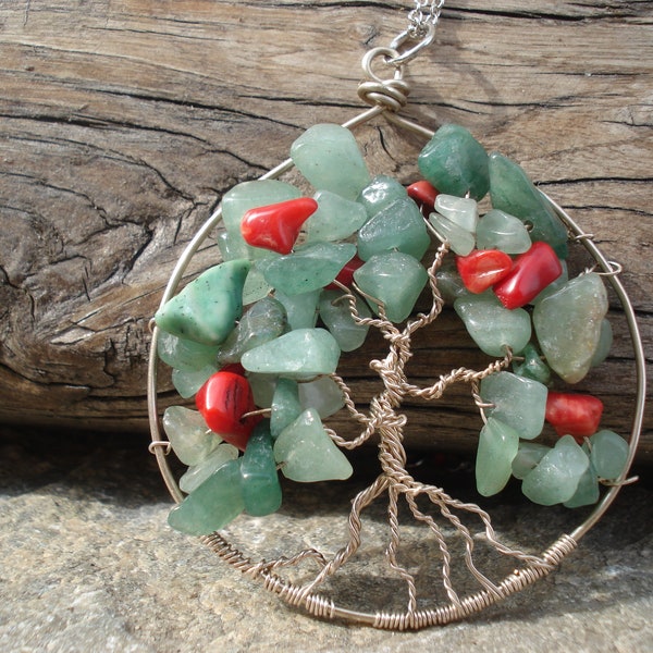 Wire Wrapped Tree of Life Pendant Green Aventurine and Coral Beads Necklace Green and Red Tree of Life Pendant