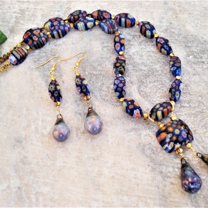 Set Millefiori Necklace and Earrings Italian Murano Glass Beads Lampwork and Porcelain Beads Necklace Blue and Gold Hematite Unique Necklace image 7