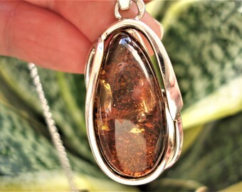 Genuine Baltic Amber Necklace Sterling Silver 925 Cognak Amber Oval Pendant Tear Drop Amber Pendant with Sterling Silver Chain Amber Pendant