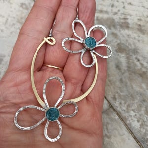 Flower Earrings Hammered Silver and Bronze Asymmetrical Earrings Turquoise Stones Modern Statement Earrings Unique Mixed Metal Boho Earrings