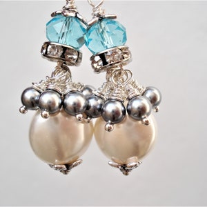 Sterling Silver White and Grey Pearls Teardrops Earrings Rhinestones and Pearls Bridal Earrings Czech Blue Beads and Pearls Earrings