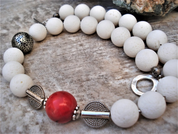 Natural Red and White Coral Necklace Bold Statement Modern Necklace Red White Silver Unique Chunky Bridal Necklace Natural Gemstone Necklace