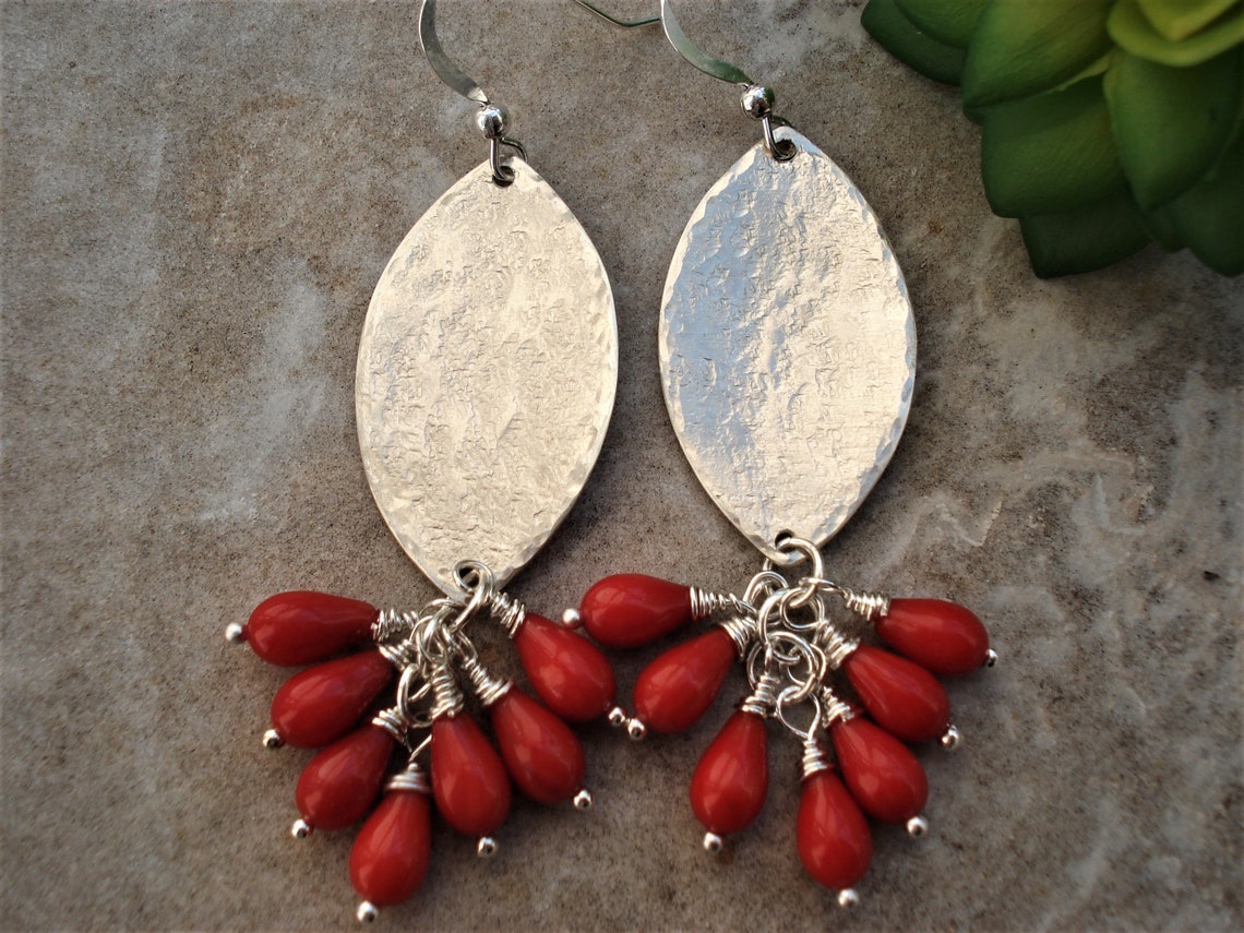Hammered Silver With Red Drop Corals Dangling Earrings Wire - Etsy