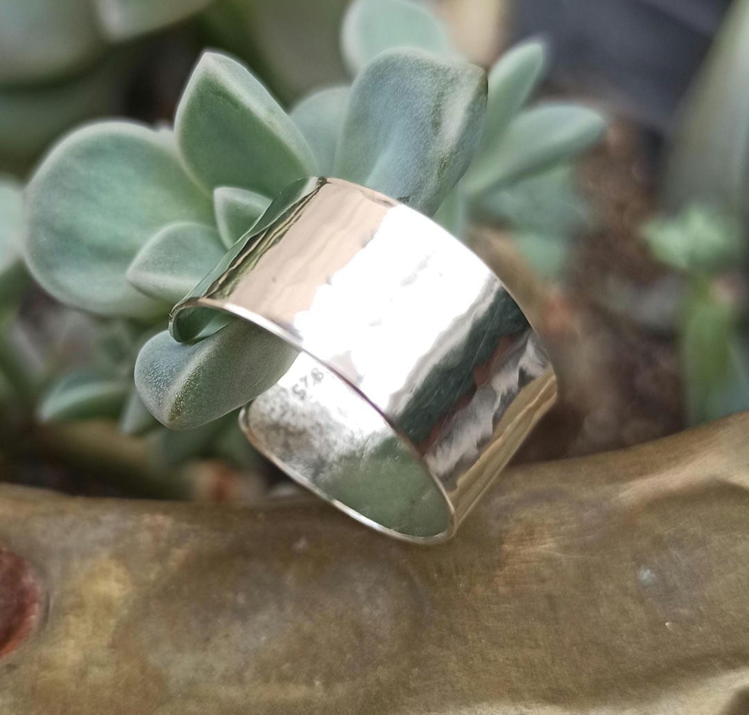 Hammered Sterling Silver 925 Ring Wide Adjustable Silver Band ...