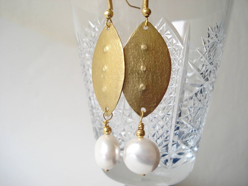 Hammered Bronze White Coin Pearls Earrings Christmas Gift for Etsy