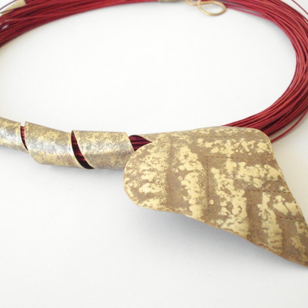 Hammered Bronze Pendant Red Multi Strand Cord Necklace Statement  Unique Antique Faced Brass Leaf Red Cord Necklace Metalwork Pendant