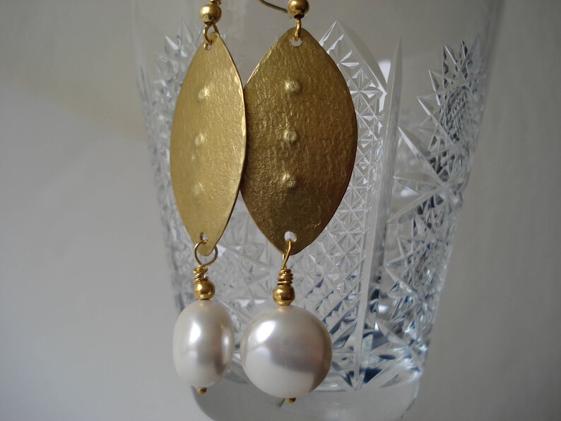 Hammered Bronze White Coin Pearls Earrings Christmas Gift for Etsy