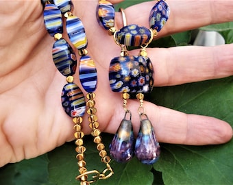 Set Millefiori Necklace and Earrings Italian Murano Glass Beads Lampwork and Porcelain Beads Necklace Blue and Gold Hematite Unique Necklace