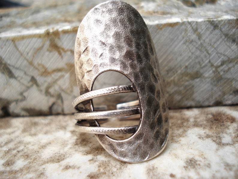 Hammered Silver Cuff Ring Unique Modern Statement Ring Adjustable Three Bands Ring Big Oval Ring Wide Band Ring Sterling Silver Plated Ring image 6