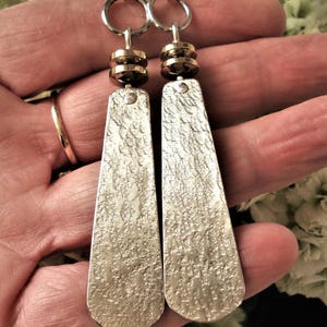 Hammered Silver Earrings Gold Hematite and Silver Earrings Geometric Earrings Cold Connection Earrings Artisan Minimal Long Earrings