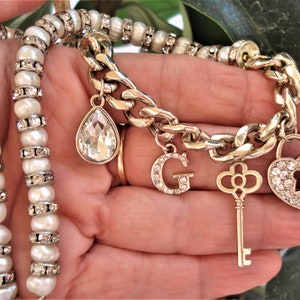 Charm Halskette Perlen Strass Perlen Halskette Choker Herz Schlüssel & Schlösser G Brief Charms Halskette Statement Moderne Kette Perlen Halskette