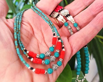 Nepalese Necklace Tibetan Turquoise Coral Himalayan Traditional Ethnic Necklace Turquoise & Coral Sterling Silver Ornate Delightful Necklace