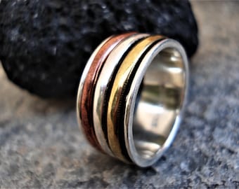 Sterling Silver Spinner Ring Three Tone Meditation Ring 925 Stamped Silver Rose Gold Ring Unisex Fidget Spinner Band Mixed Metal Worry Ring