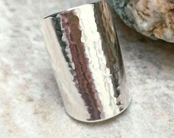 Hammered Sterling Silver Wide Band Ring, Adjustable Unisex Statement Ring