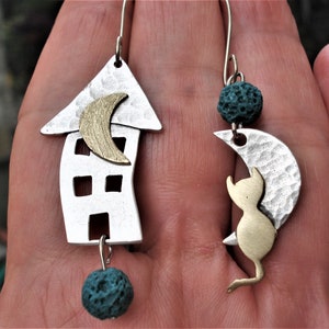 Asymmetrical Celestial Earrings, Silver Bronze Cat Moon House Earrings