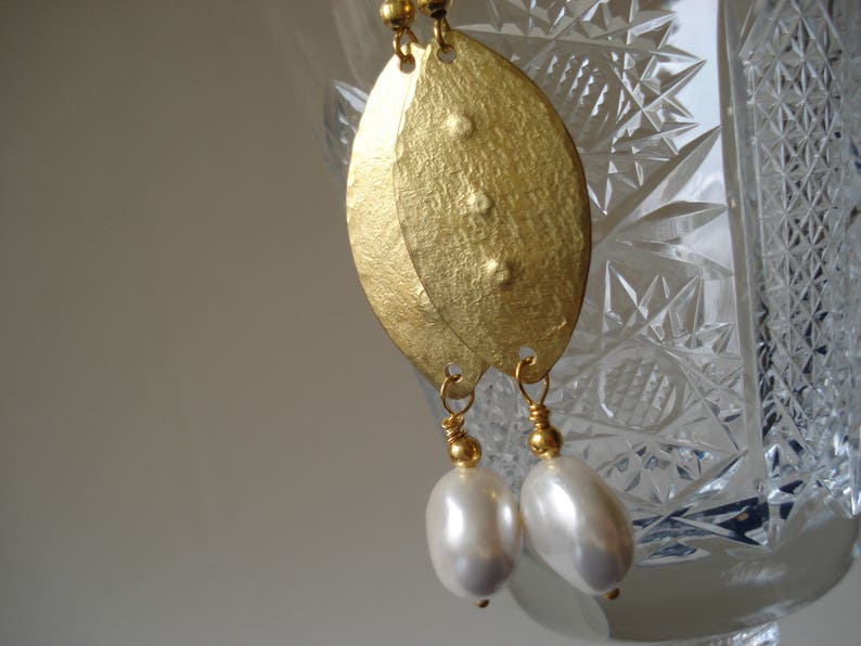 Hammered Bronze White Coin Pearls Earrings Christmas Gift for Etsy