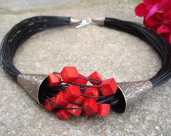 Red Coral Necklace Hammered Oxidized Silver, Black Cord Statement Jewelry