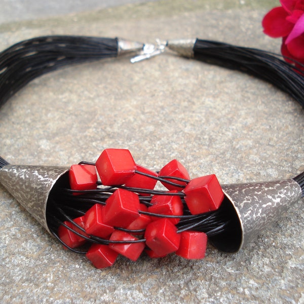 Red Coral Necklace Hammered Oxidized Silver and Coral Necklace Multi Strand Black Cord Statement Unique Necklace Coral and Cord Necklace