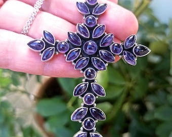 Vintage Amethyst Large Cross Pendant Gothic Necklace, Sterling Silver Chain