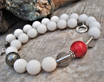 Natural Red and White Coral Necklace Bold Statement Modern Necklace Red White Silver Unique Chunky Bridal Necklace Natural Gemstone Necklace