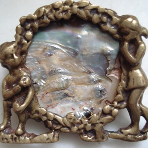 Art Deco Brooch Natural Mother of Pearl and Bronze Unique Handmade Pin Vintage 1980&#39;s Shell Abalone Pin Scarf Shawl Coat Accessory